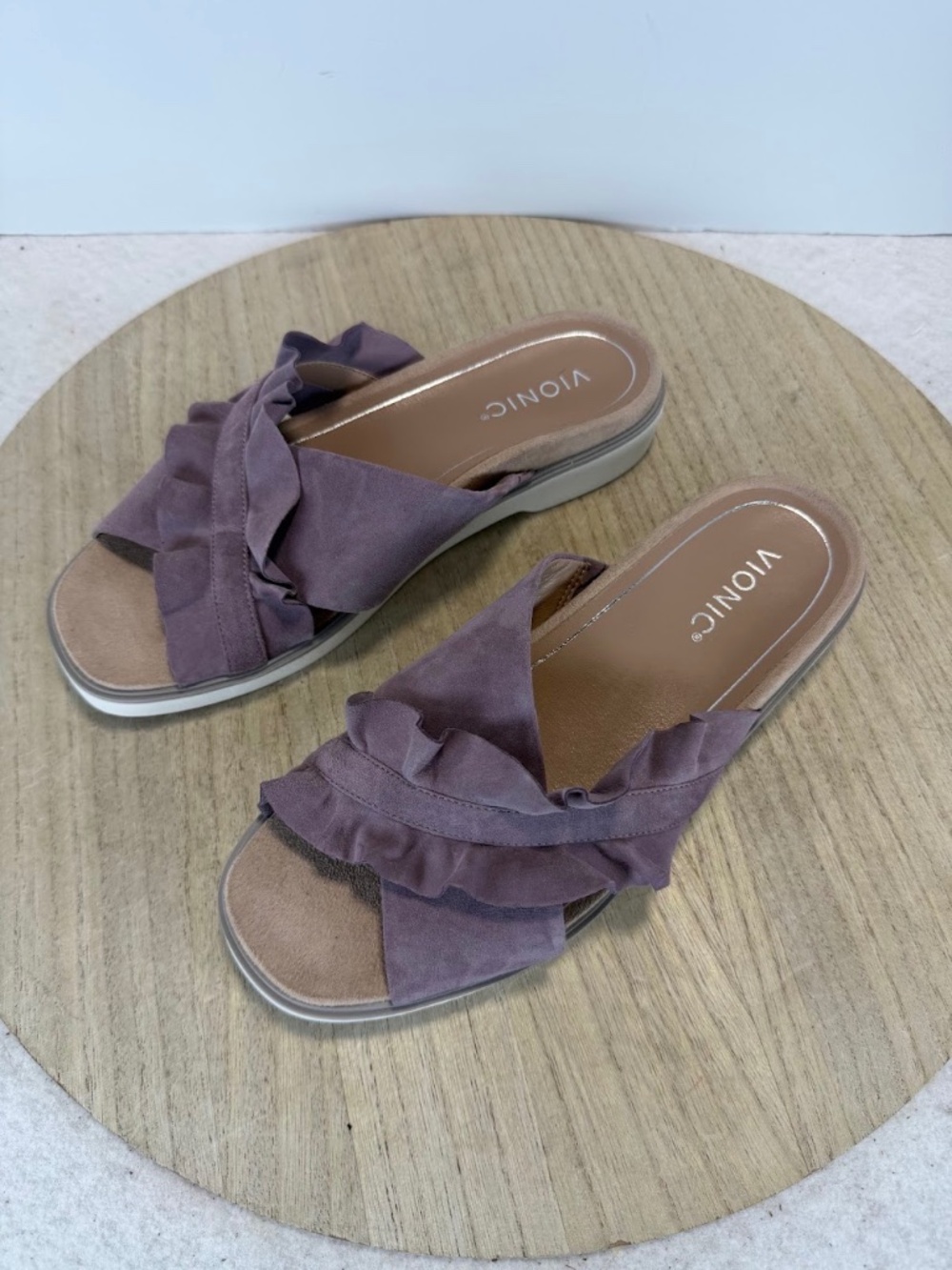 Vionic Azalea Womens 9 Purple Suede Leather Ruffle Slide Comfort Sandals